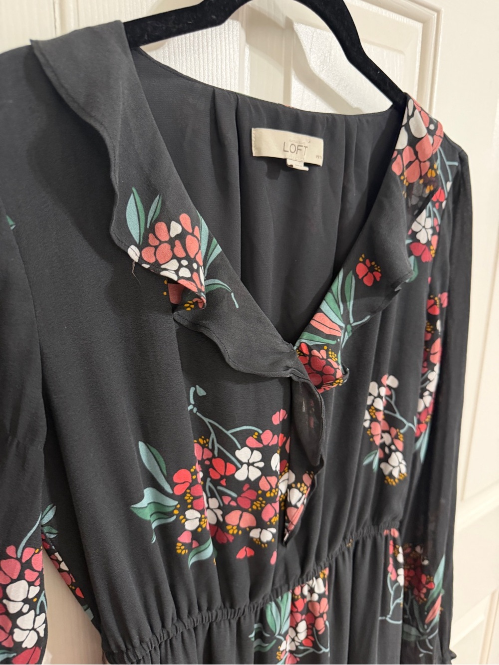 LOFT Petite SP Black Floral Ruffle Maxi Dress Long Sleeve Romantic Boho - Picture 6 of 11